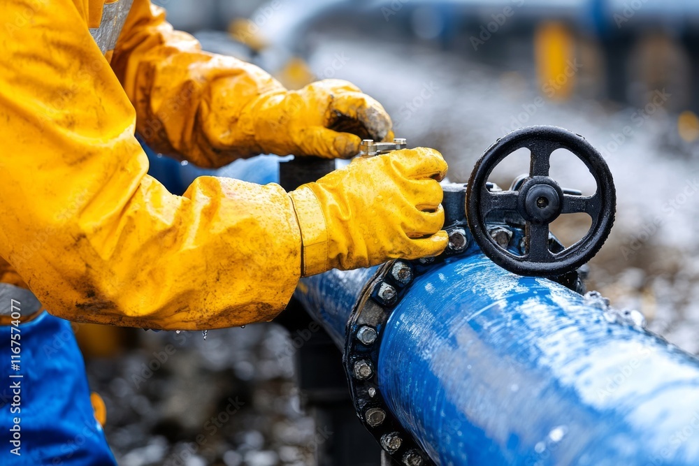 Gas company worker adjusting regulator valve on pipeline Gas company worker adjusting regulator valve on pipeline