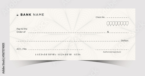 Blank Bank Chequebook. Money Payment Check Background Template. Secure Business Financial Transactions Cheque. Empty Cash Checkbook for Donations, Coupons, and Winner Award