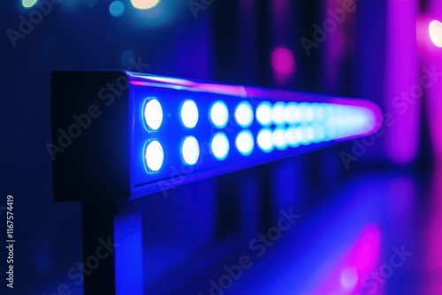 A vivid row of glowing blue LED lights in a dark, modern setting, creating a futuristic and dynamic atmosphere. photo