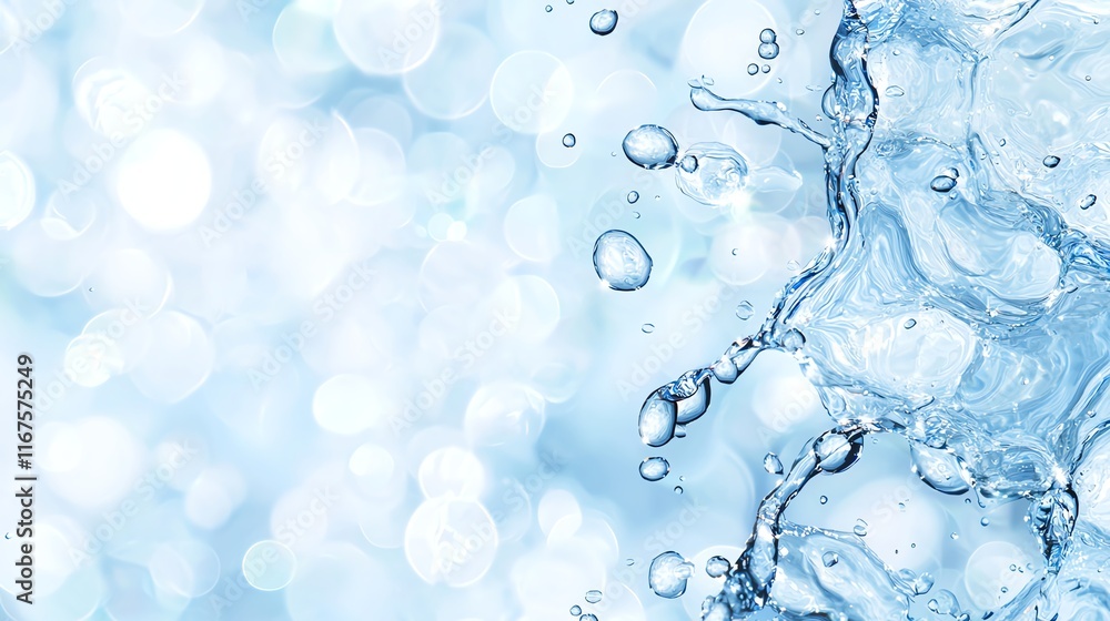 Close-up image of water droplets and splashes against a blurred blue background, capturing the essence of freshness and purity Close-up image of water droplets and splashes against a blurred blue background, capturing the essence of freshness and purity