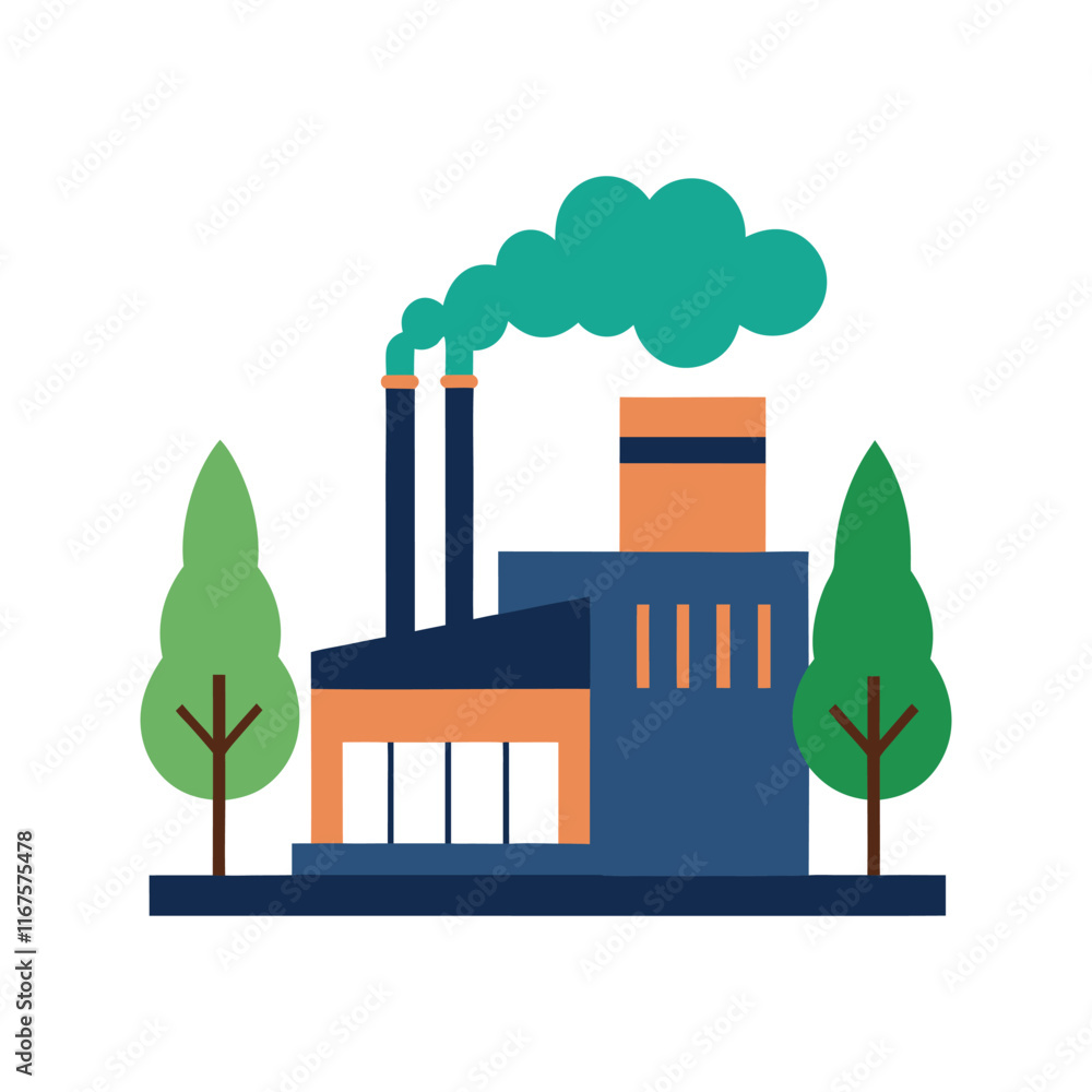 Naklejka premium Industrial building with trees colorful vector art illustration.