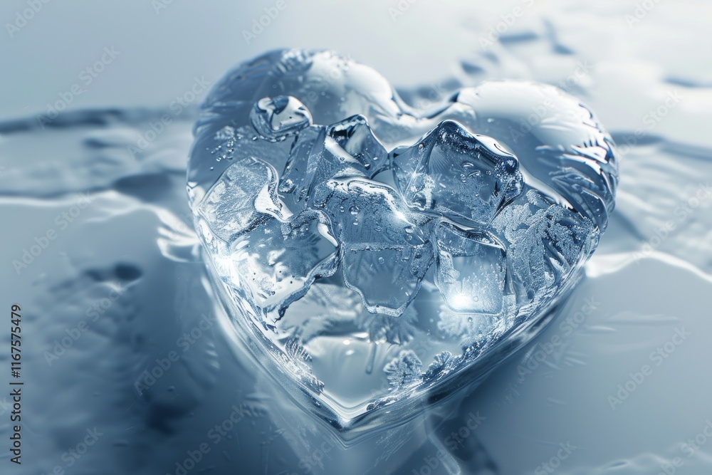 Heart-shaped ice sculpture on frosted surface Heart-shaped ice sculpture on frosted surface