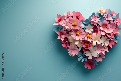 Floral heart shape made with vibrant pink, blue, and white blossoms. photo