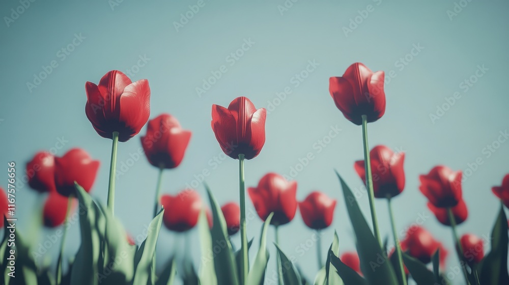 Fototapeta premium Red Tulips in Bloom Under Clear Skies