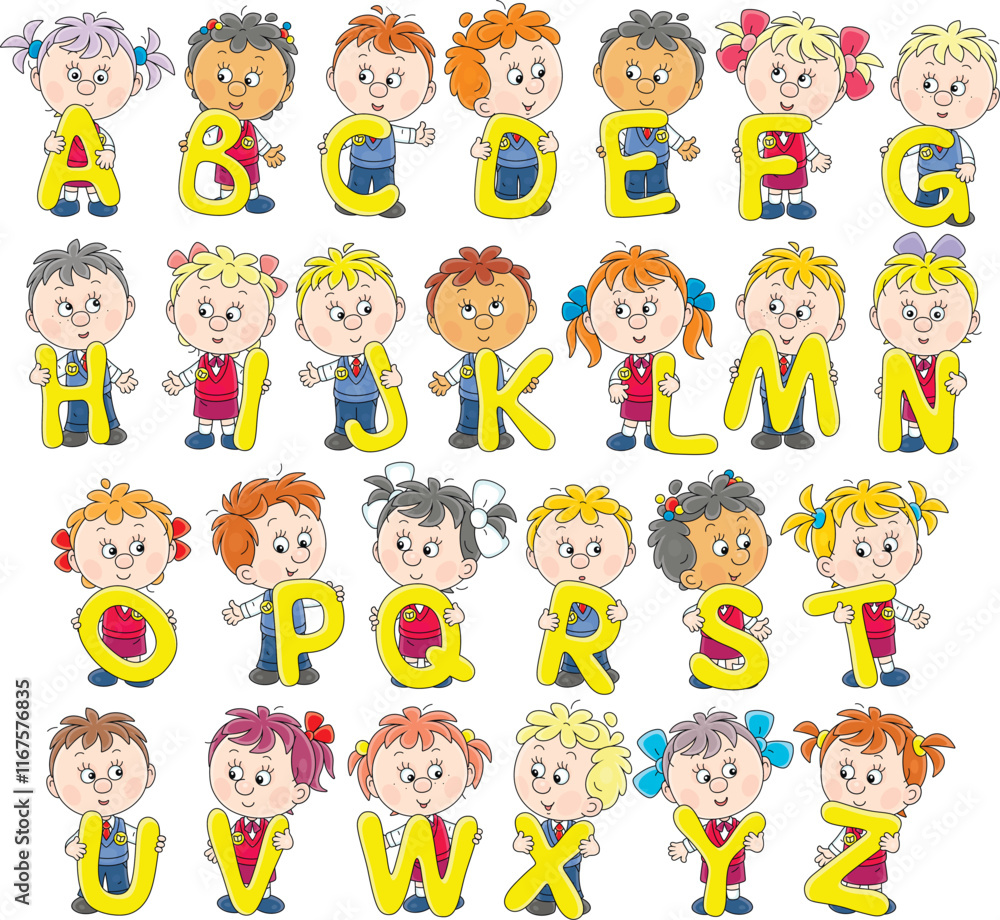 Happy little schoolboys and schoolgirls friendly smiling and holding big yellow letters, vector cartoon illustration Happy little schoolboys and schoolgirls friendly smiling and holding big yellow letters, vector cartoon illustration