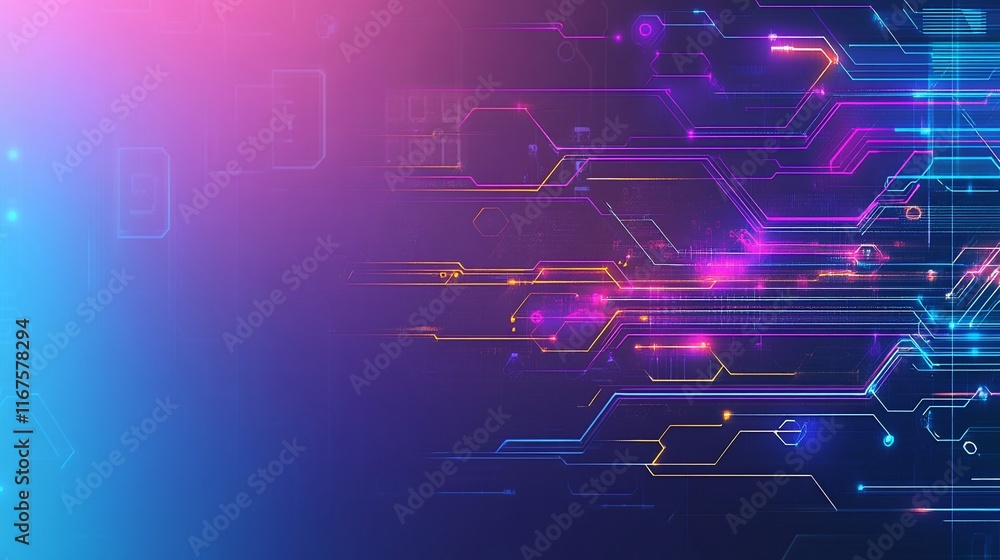 Fototapeta premium Abstract digital technology background with glowing circuit lines and nodes.