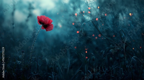 Solitary poppy in a mystical field at dusk. photo