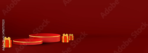 3D gift boxes with red podium, perfect for holidays, sales, and celebrations like Christmas.