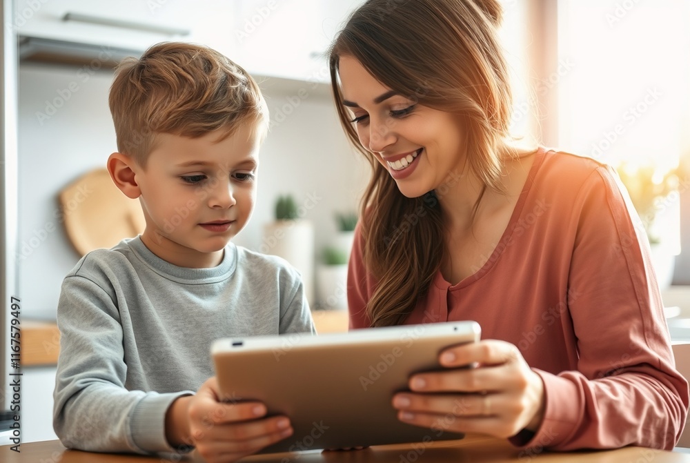 Mom and Son Engaged in Interactive Learning on a Tablet at Home Mom and Son Engaged in Interactive Learning on a Tablet at Home