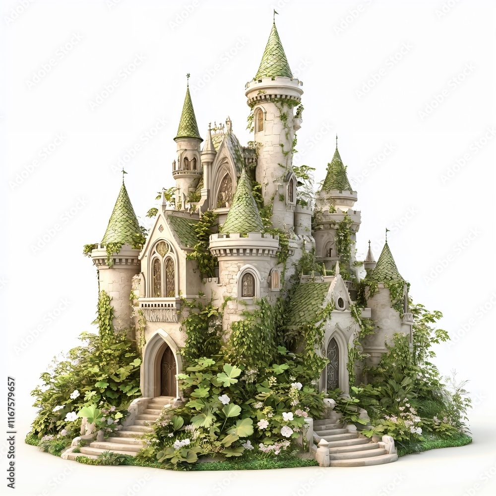 Fototapeta premium Enchanted stone castle with green ivy and foliage.