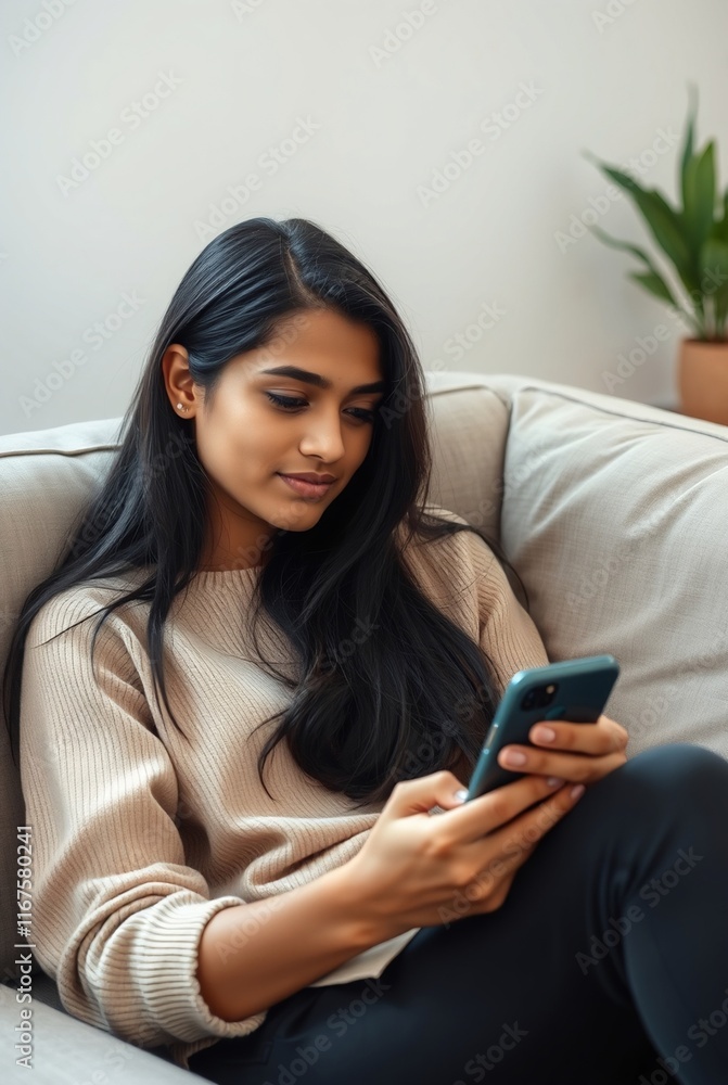 Young Woman Relaxing on Couch While Using Smartphone in Modern Living Room Young Woman Relaxing on Couch While Using Smartphone in Modern Living Room