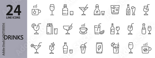 Drinks line icons set with Lemonade, Ice, Coffee, Tea, Water, Beverage, Wine, Juice, Bottle and more. Editable Stroke