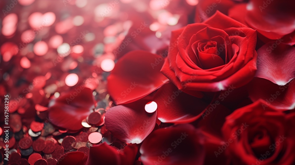 Red roses and petals mixed with shiny red confetti for romantic, lovethemed designs, wedding invitations, or Valentines Day concepts. Red roses and petals mixed with shiny red confetti for romantic, lovethemed designs, wedding invitations, or Valentines Day concepts.