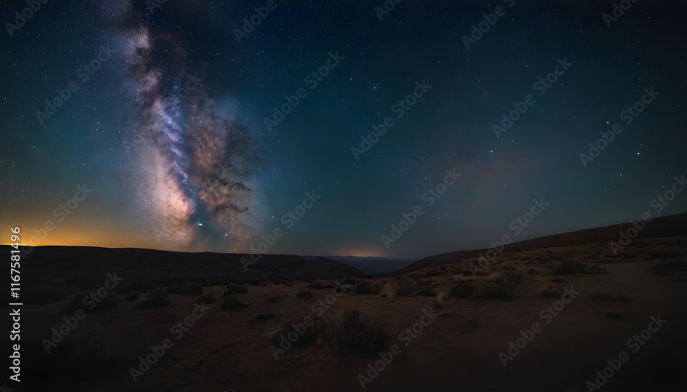 Milky way galaxy rising over empty desert landscape at night Milky way galaxy rising over empty desert landscape at night