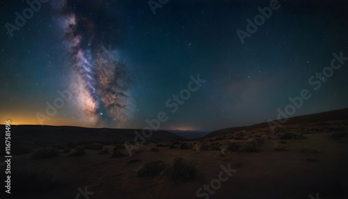 Milky way galaxy rising over empty desert landscape at night