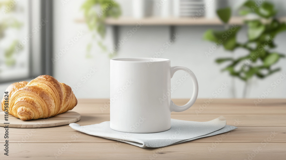 A simple breakfast scene featuring a white mug and a flaky croissant on a wooden table. Perfect for a cozy morning. A simple breakfast scene featuring a white mug and a flaky croissant on a wooden table. Perfect for a cozy morning.