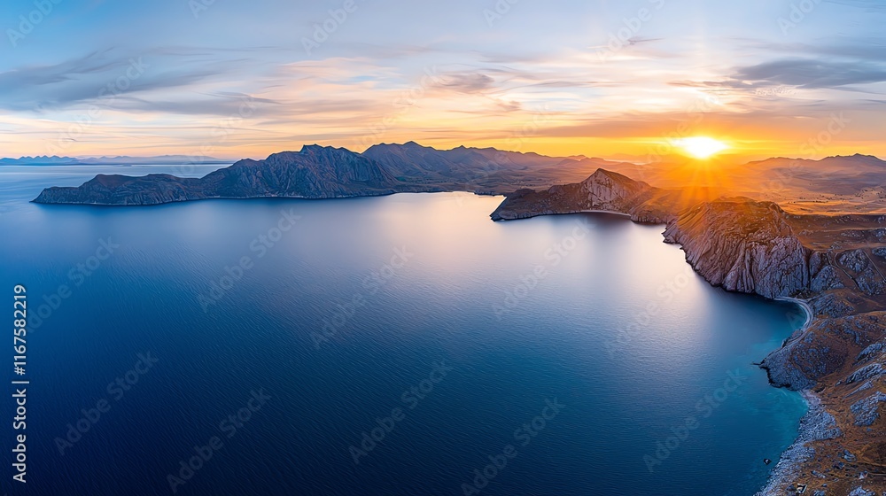 Fototapeta premium Breathtaking panoramic view of a serene coastal landscape at sunrise, with calm waters and majestic mountains under a stunning sky, capturing the essence of natural beauty and tran