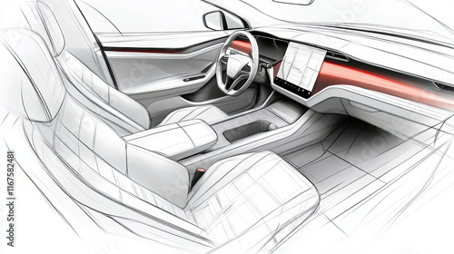 Futuristic car interior design rendered as a detailed wireframe sketch showcasing dashboard, steering wheel, and luxury cabin