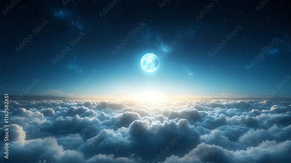 Fototapeta premium A breathtaking view of a full moon illuminating fluffy clouds at night, set against a serene sky transitioning into dawn, evoking a sense of calm and wonder.