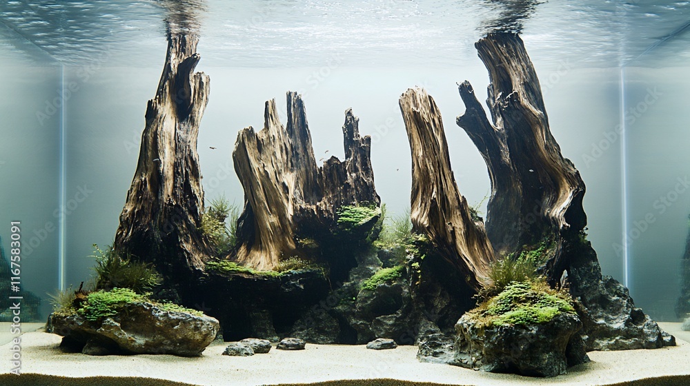 Aquatic plants and driftwood in a large aquarium. Aquatic plants and driftwood in a large aquarium.