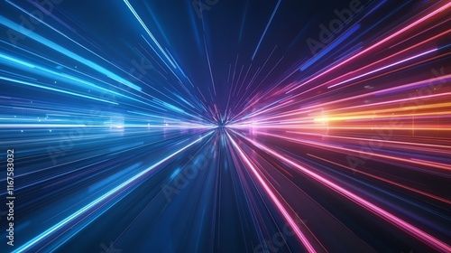 Vibrant neon light streaks create a dynamic, futuristic scene, illustrating speed and digital innovation with vivid blue and pink hues against a dark background.