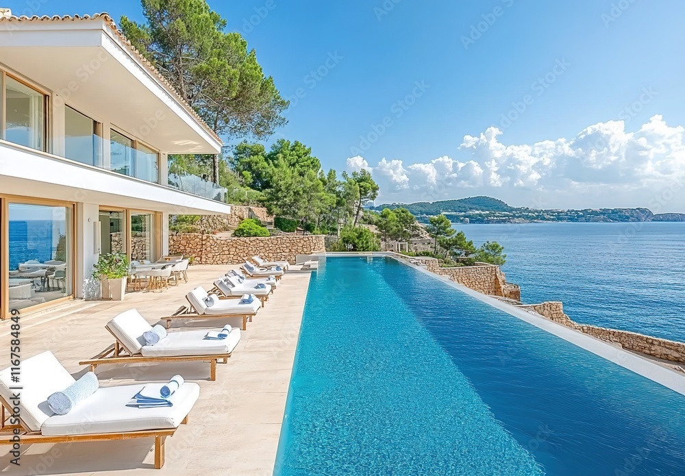 Fototapeta premium Mallorca, with the blue sea in the background, a white modern luxury villa with an infinity pool and sun loungers along the edge of it.