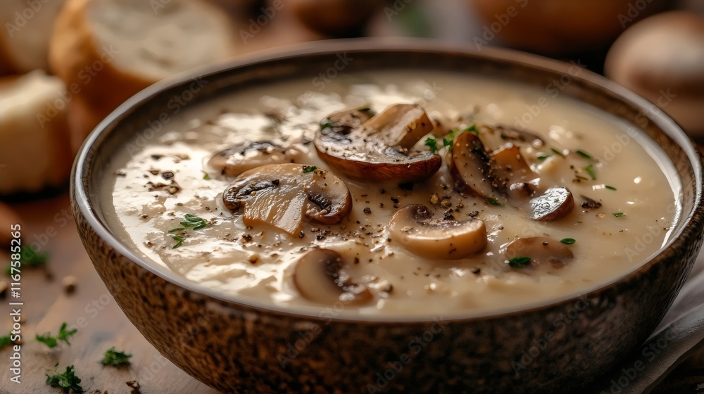 A bowl of creamy mushroom soup sits on a wooden table A bowl of creamy mushroom soup sits on a wooden table