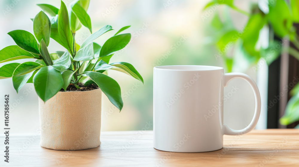A white mug sits on a wooden table next to a vibrant green potted plant. The scene is bright and peaceful, perfect for a relaxing morning. A white mug sits on a wooden table next to a vibrant green potted plant. The scene is bright and peaceful, perfect for a relaxing morning.