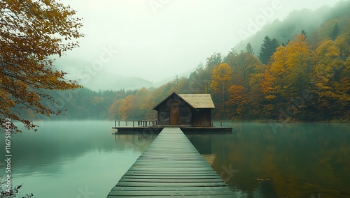 Beautiful Autumn Landscape with a Lake and a Wooden House

 photo