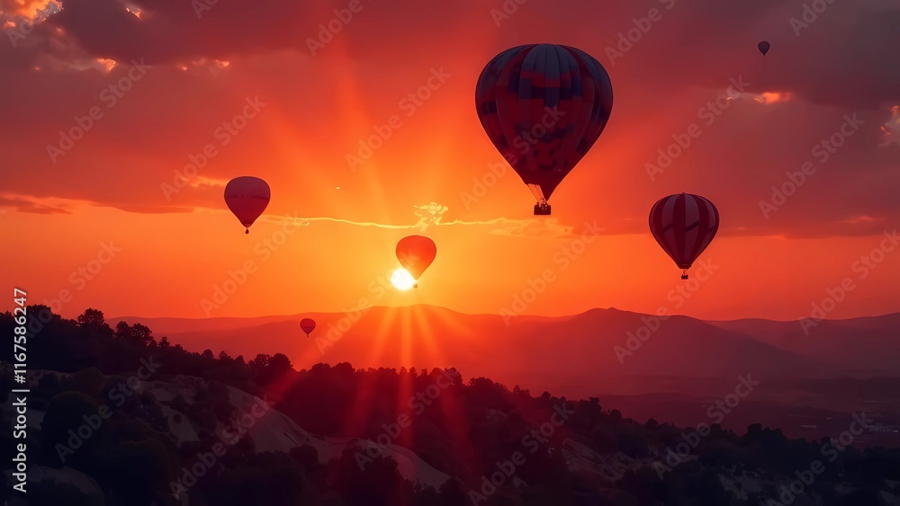 Hot Air Balloons Floating in a Fiery Sunset Hot Air Balloons Floating in a Fiery Sunset