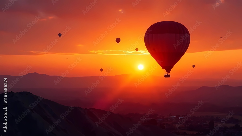 Fototapeta premium Hot Air Balloons Floating in a Fiery Sunset 