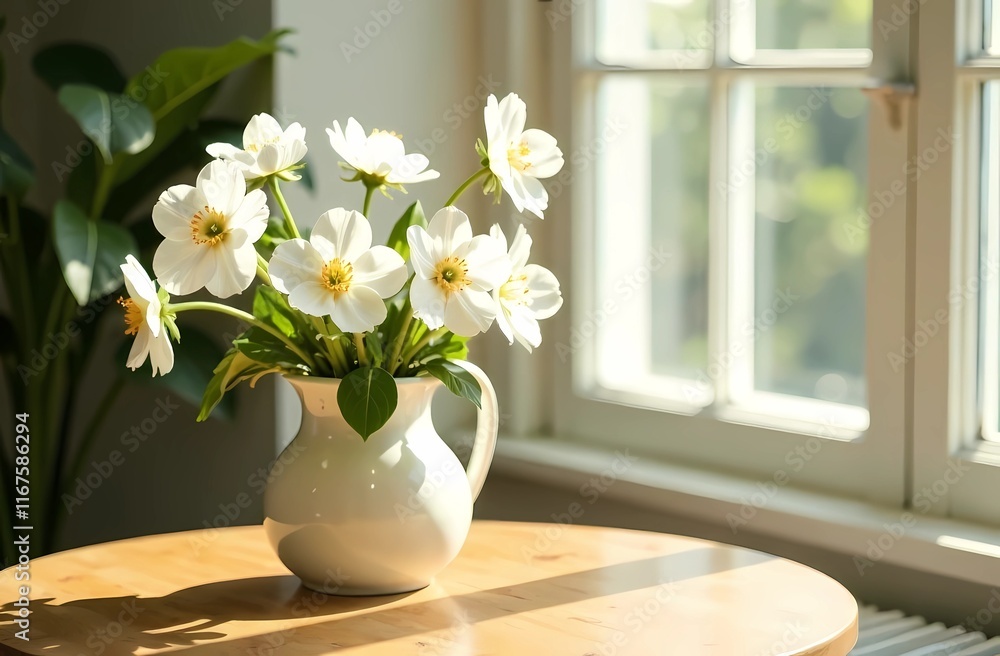 Delicate white flowers in a vase will fill a sunny room with soft light and cozy atmosphere. Spring postcard, soulful image Delicate white flowers in a vase will fill a sunny room with soft light and cozy atmosphere. Spring postcard, soulful image