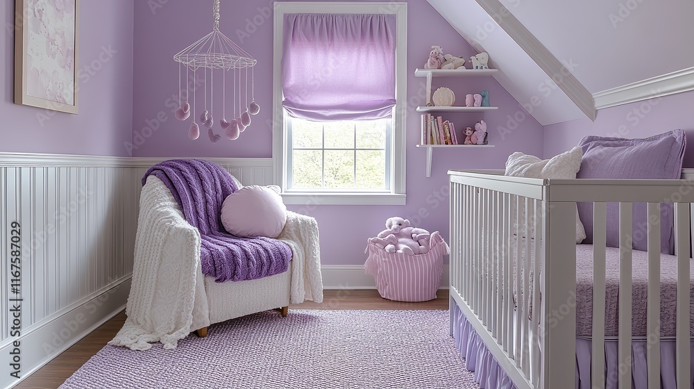 Nursery with soft lavender walls and decor, featuring lavender rocking chair cushion and mobile with purple tones, creating serene and inviting space for babies. Nursery with soft lavender walls and decor, featuring lavender rocking chair cushion and mobile with purple tones, creating serene and inviting space for babies.
