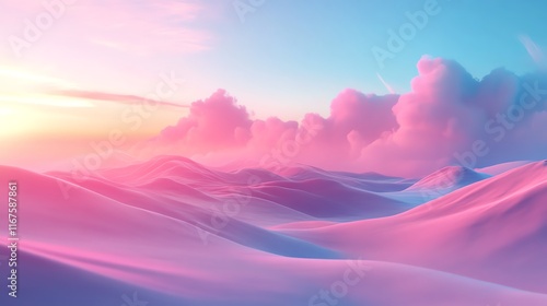 A mesmerizing sunset over dreamlike pink and purple sand dunes, with fluffy clouds in a serene pastel sky, creating a surreal and tranquil landscape ideal for relaxation and inspir photo