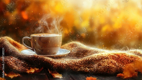 Steaming hot drink in a cozy autumn setting. photo