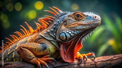 Fototapeta Naklejka Na Ścianę i Meble -  Orange and blue iguana lizard resting on a branch with blurred green foliage reptile