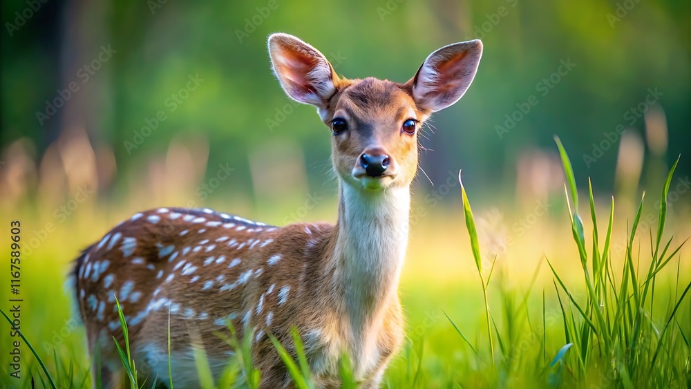 A young fawn in a forest, captured in wildlife photography, features a spotted coat, large ears, and a serene mood, capturing a fairy tale atmosphere. A young fawn in a forest, captured in wildlife photography, features a spotted coat, large ears, and a serene mood, capturing a fairy tale atmosphere.