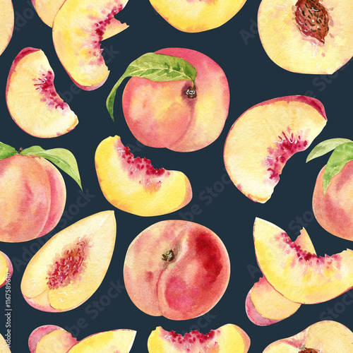 Watercolor seamless pattern with peaches fruit slices. Fruit hand drawn elements for summer food design