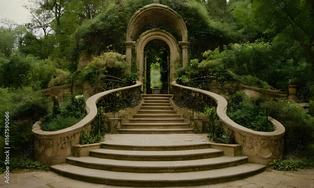 Stone staircase leading to ornate gate in lush green garden Stone staircase leading to ornate gate in lush green garden