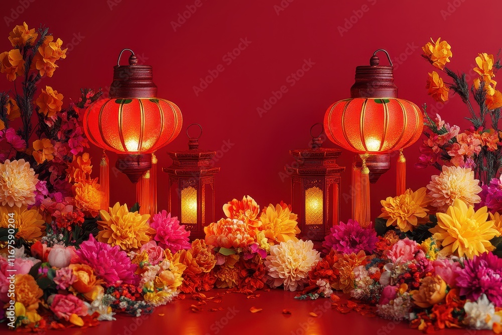 Traditional red Chinese lanterns with floral arrangements and warm glow on a vibrant red backdrop.
