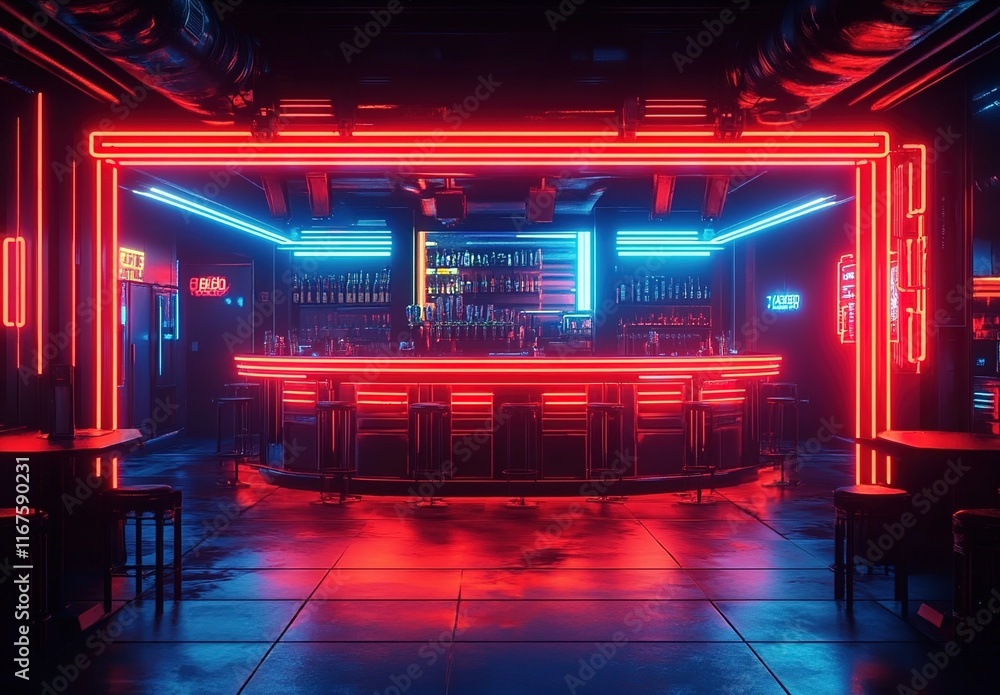 A cyberpunk-style bar with neon lights, an empty dark room A cyberpunk-style bar with neon lights, an empty dark room