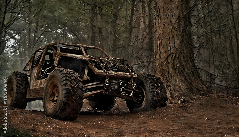 Fototapeta premium Off-road vehicle on a forest trail conquering difficult terrain