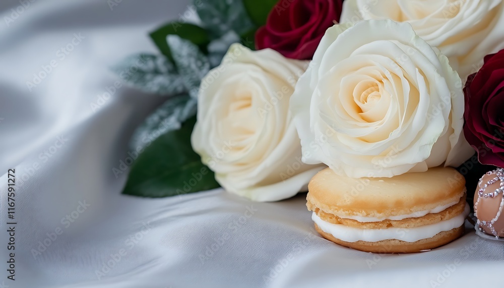 Roses, macaron, and easter egg on white silk. Roses, macaron, and easter egg on white silk.