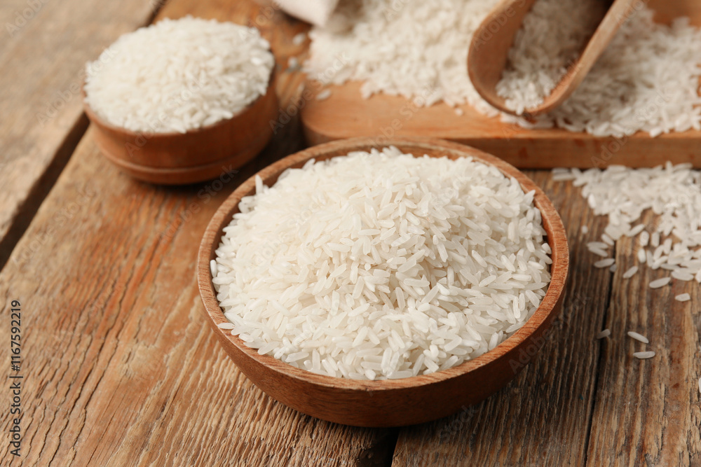 Bowls with raw rice on wooden background Bowls with raw rice on wooden background