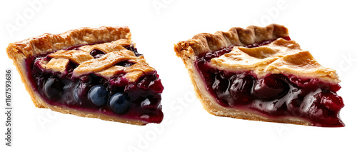 two slices of  blueberry and cherry pie isolated on a transparent background