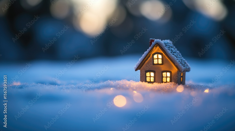 A cozy miniature house glowing in the snow, evoking a warm, festive atmosphere. A cozy miniature house glowing in the snow, evoking a warm, festive atmosphere.