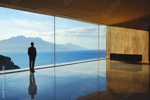 Man in silhouette standing in a modern villa overlooking the sea through glass walls.