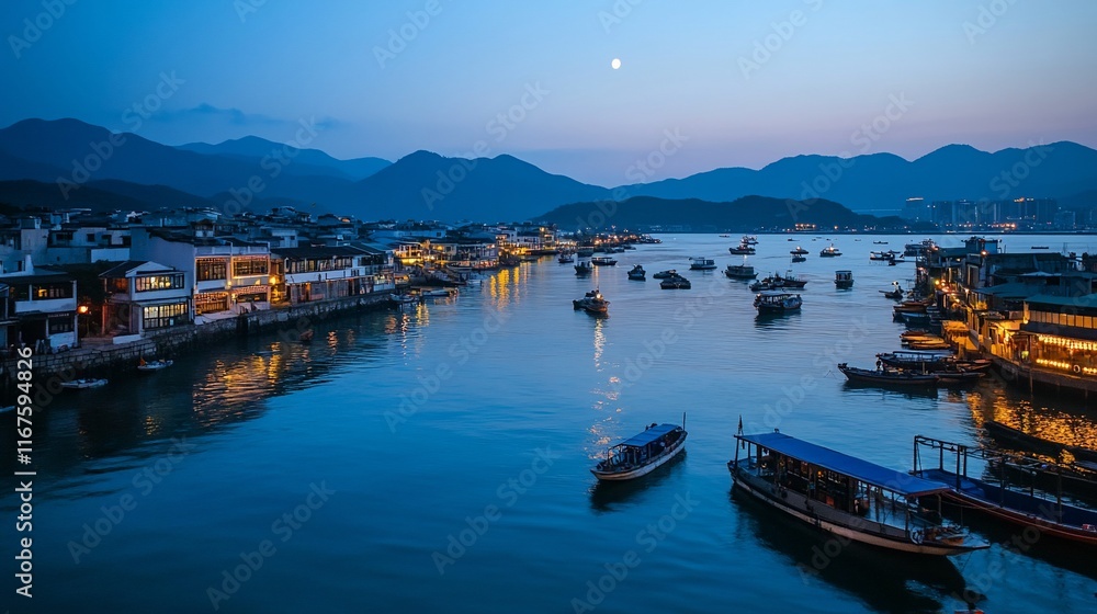 Fototapeta premium Boats on water with buildings, mountains, moon at dusk.