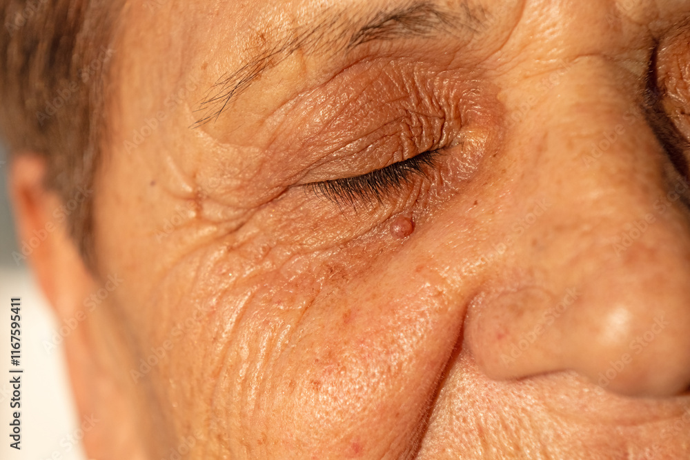 Fototapeta premium Wrinkles and moles around the eyes of an old woman.
