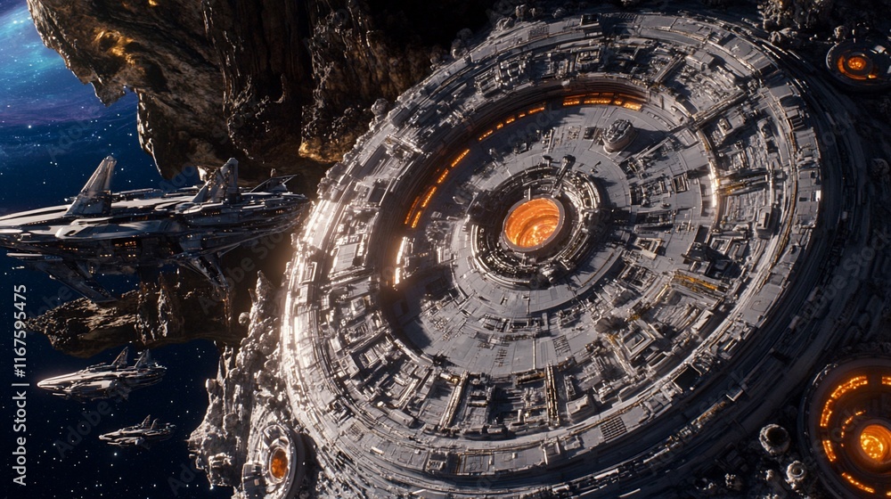 Futuristic spaceship orbiting a large space station near a planet. Futuristic spaceship orbiting a large space station near a planet.